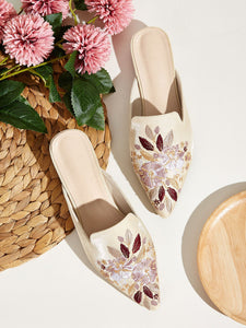 Floral Embroidered Point Toe Flat Mules