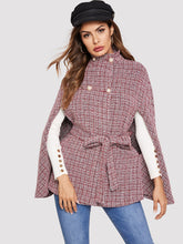 Load image into Gallery viewer, Double Breasted Front Tie Waist Tweed Cape Coat