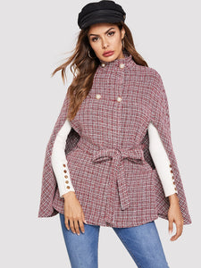 Double Breasted Front Tie Waist Tweed Cape Coat