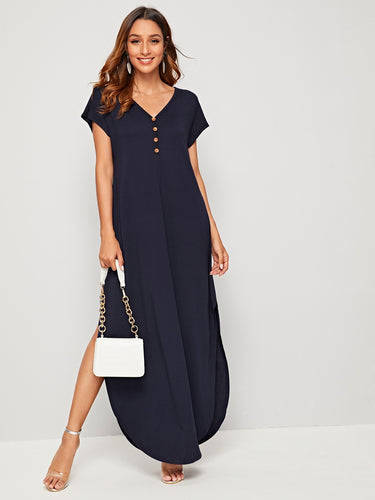 Buttoned Front Curved Hem Tee Dress