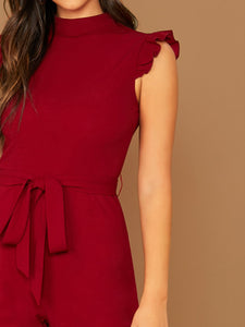 Mock-Neck Ruffle Cuff Self Belted Jumpsuit