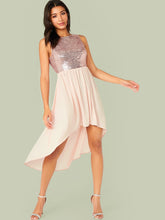 Load image into Gallery viewer, Backless Sequin Bodice Dip Hem Combo Dress