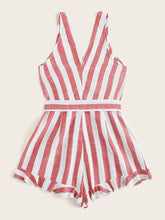 Load image into Gallery viewer, Surplice Neck Ruffle Hem Belted Striped Romper