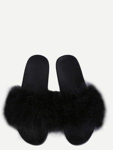 Black Faux Fur Soft Sole Flat Slippers