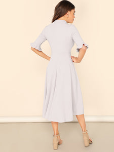 Bell Sleeve Ribbed Knit Midi Dress