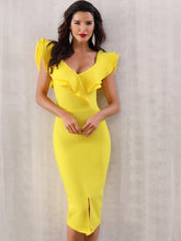 Load image into Gallery viewer, Adyce Zip Back Ruffle Trim Slit Hem Pencil Dress