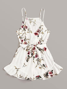 Floral Print Surplice Front Ruffle Hem Belted Cami Romper