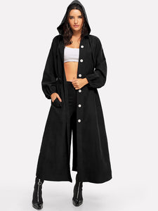 Button Up Hooded Drawstring Waist Coat