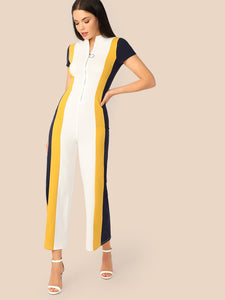 Mock Neck Zipper Fly Front Colorblock Wide Leg Jumpsuit