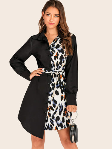 Leopard Print Panel Belted Shirt Dress