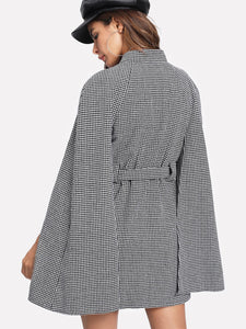 Self Belted Houndstooth Cape Coat