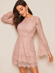 Trumpet Sleeve Floral Lace Overlay Dress