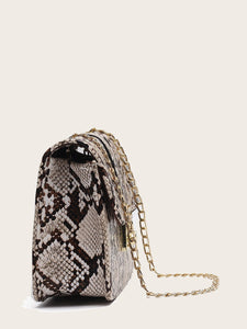 Snakeskin Print Flap Chain Bag