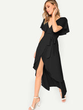 Load image into Gallery viewer, Self Belted Surplice Wrap Cape Dress