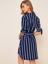 Load image into Gallery viewer, Striped Knot Cuff Belted Shirt Dress