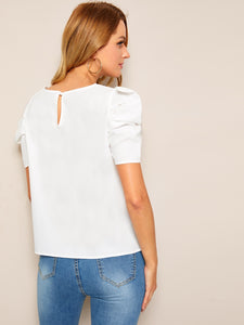 Button Keyhole Back Puff Sleeve Top