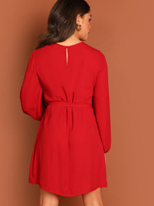 Blouson Sleeve Self Tie Dress