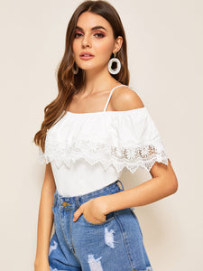 Cold Shoulder Guipure Lace Trim Top