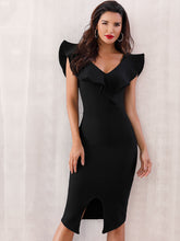 Load image into Gallery viewer, Adyce Zip Back Ruffle Trim Slit Hem Pencil Dress