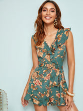 Load image into Gallery viewer, Floral Print Ruffle Trim Wrap Romper