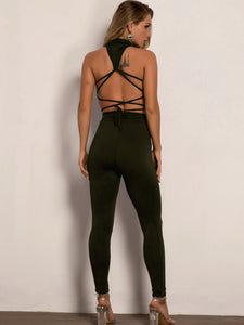 Joyfunear Lace Up Backless Skinny Halter Jumpsuit