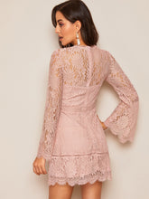 Load image into Gallery viewer, Trumpet Sleeve Floral Lace Overlay Dress