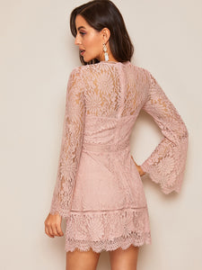 Trumpet Sleeve Floral Lace Overlay Dress