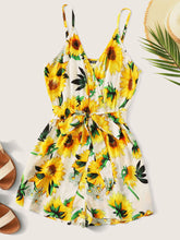 Load image into Gallery viewer, Sunflower Print Surplice Neck Belted Romper