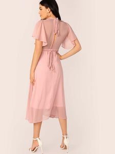 Mock-neck Knot Back Sheer Panel Dress