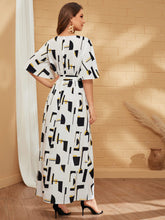 Load image into Gallery viewer, Bell Sleeve Self Belted Geo Dress