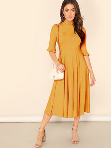 Bell Sleeve Ribbed Knit Midi Dress