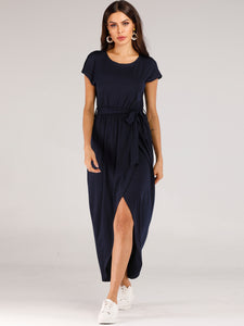 Belted Tulip Hem Solid Wrap Dress