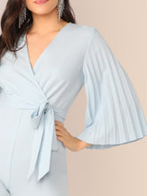 Load image into Gallery viewer, Pleated Sleeve Wrap Belted Wide Leg Jumpsuit