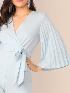 Pleated Sleeve Wrap Belted Wide Leg Jumpsuit