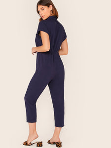 Drawstring Waist Roll Tab Sleeve Shirt Jumpsuit