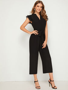 Layered Pleated Sleeve Belted Jumpsuit