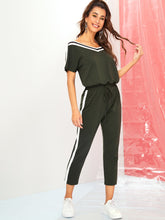 Load image into Gallery viewer, Striped Side Drawstring Elastic Waist Crop Jumpsuit