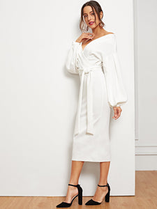 Blouson Sleeve Surplice Wrap Split Hem Dress