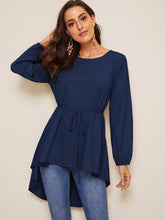 Load image into Gallery viewer, High Low Bishop Sleeve Drop Shoulder Belted Blouse