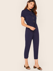 Drawstring Waist Roll Tab Sleeve Shirt Jumpsuit