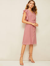 Load image into Gallery viewer, 70s Ruffle Armhole Button Front Dress