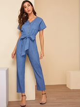 Load image into Gallery viewer, Patch Pocket Button Front Belted Jumpsuit