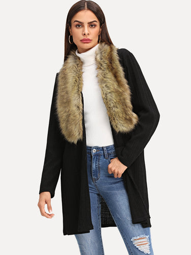 Open Front Faux Fur Neckline Coat