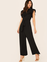 Load image into Gallery viewer, Mesh Ruffle Trim Self Belted Wide Leg Jumpsuit