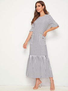 Striped Dual Pocket Ruffle Hem Dress