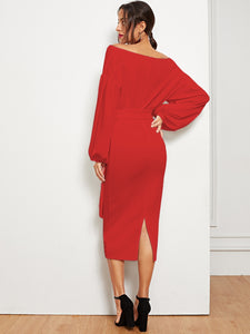 Blouson Sleeve Slit Hem Surplice Bardot Dress