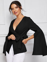 Load image into Gallery viewer, Bell Split Sleeve Surplice Neck Knot Blazer