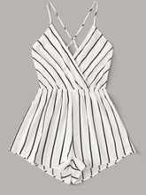 Load image into Gallery viewer, Striped Criss-cross Backless Surplice Neck Romper