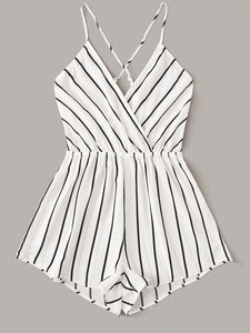 Striped Criss-cross Backless Surplice Neck Romper