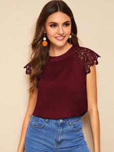 Contrast Lace Cuff Keyhole Back Blouse